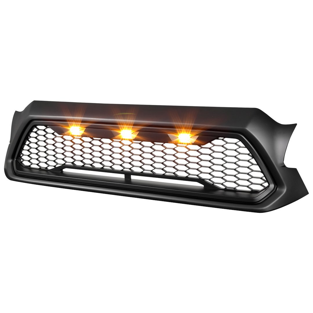Spec-D Tunin Grille, Honeycomb Style, With Light Cutout, Matte Black, ABS Plastic, With 3 Amber LED Lights, Emblem Not Included – HG-TAC12BB-LED-KH