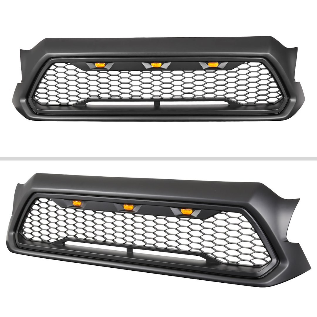 Spec-D Tunin Grille, Honeycomb Style, With Light Cutout, Matte Black, ABS Plastic, With 3 Amber LED Lights, Emblem Not Included – HG-TAC12BB-LED-KH
