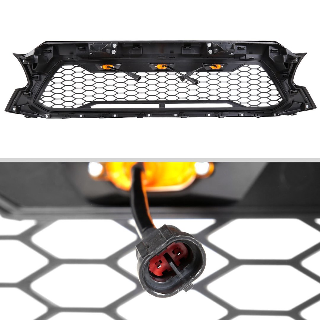 Spec-D Tunin Grille, Honeycomb Style, With Light Cutout, Matte Black, ABS Plastic, With 3 Amber LED Lights, Emblem Not Included – HG-TAC12BB-LED-KH