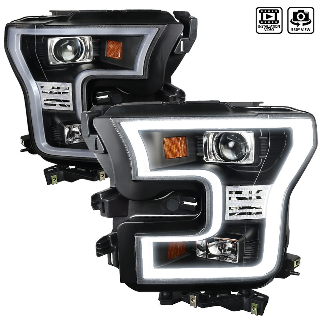 Spec-D Tunin Headlight Assembly, Halogen Bulb, Dual Projector Headlights with LED Bar, H9 Low Beam/ H1 High Beam Bulb, Clear Lens – 2LHP-F15015JM-TM