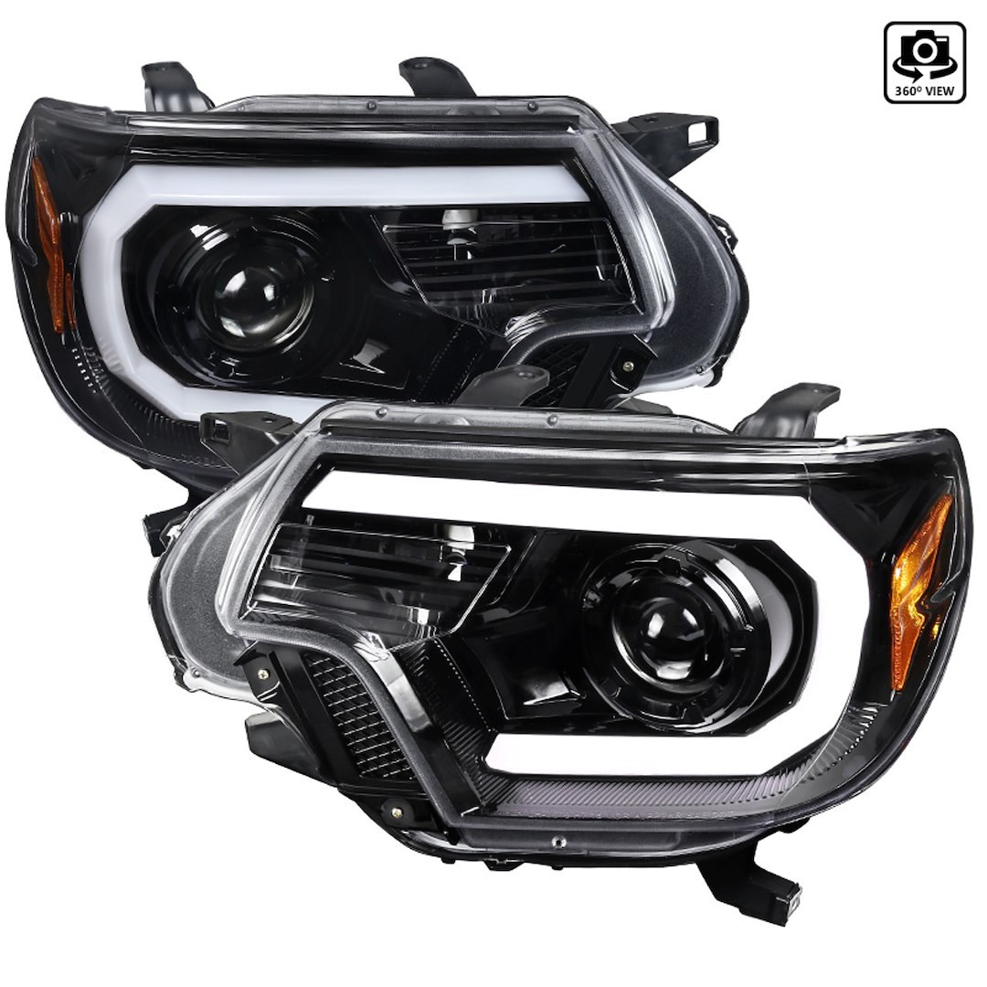 Spec-D Tunin Headlight Assembly, Halogen Bulb, Projector Headlights with LED C-Bar, H7 High Beam/ Low Beam 55 Watt Bulb, Clear Lens – 2LHP-TAC12BK-TM