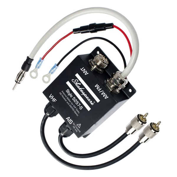 Shakespeare Antenna Signal Splitter, For Use with VHF Radio/ AIS Receiver/ AM/ FM Stereo, 25 Watts, 25 Ma at 12 Volt DC Power Supply – 5257-S