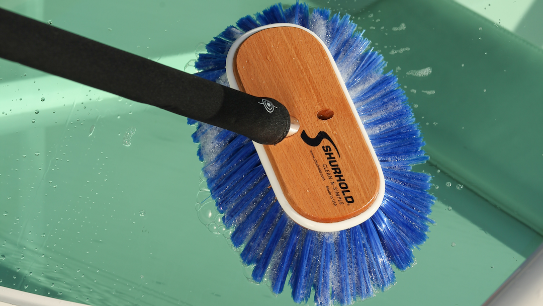 Shurhold Ind Scrub Brush, Classic, Use on Delicate Surfaces Like Isinglass and Plexiglas, 10 Inch Extra Soft Deck Brush, Nylon Bristle, Blue – 975
