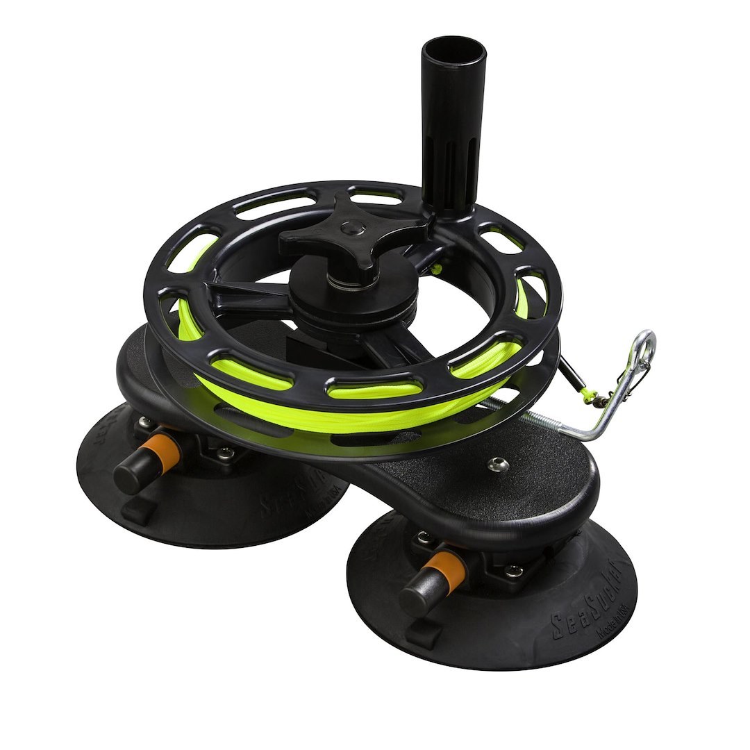 Seasucker Teaser Reel, Vacuum Mount, Manual Powered, 8 Inch Spool Diameter, 150 Feet Line Length, Black, Hdpe (polyethylene) Deck – MF5088