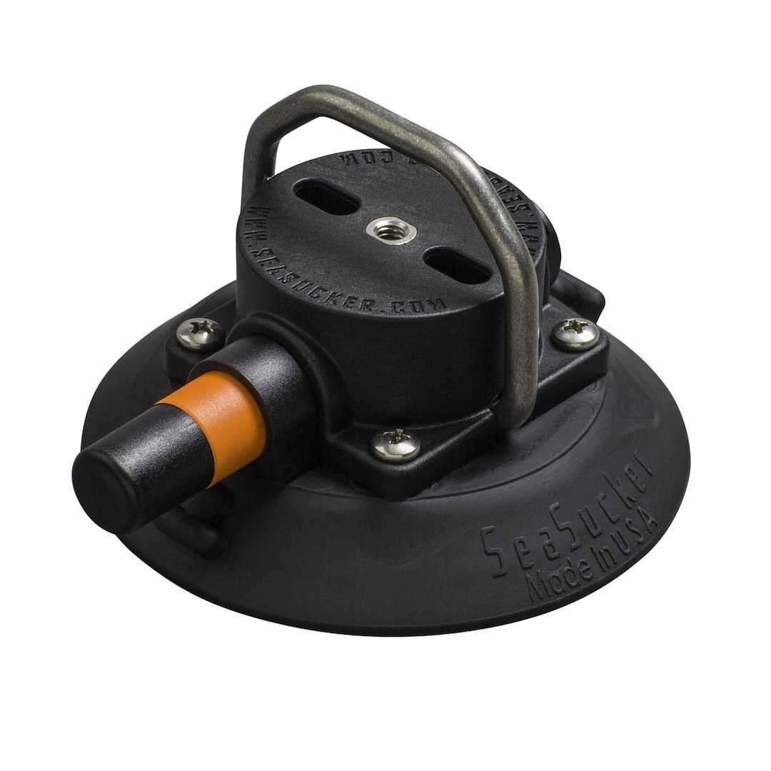 Seasucker Vacuum Mount, Use to Hold Ropes/ Straps, 4-1/2 Inch Base Diameter, Black, With Flat Top Stainless Steel D-Ring – VM1013B