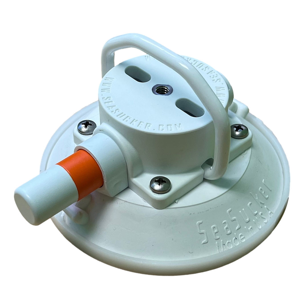 Seasucker Vacuum Mount, Use to Hold Ropes/ Straps, 4-1/2 Inch Base Diameter, White, With Flat Top Stainless Steel D-Ring – VM1013W