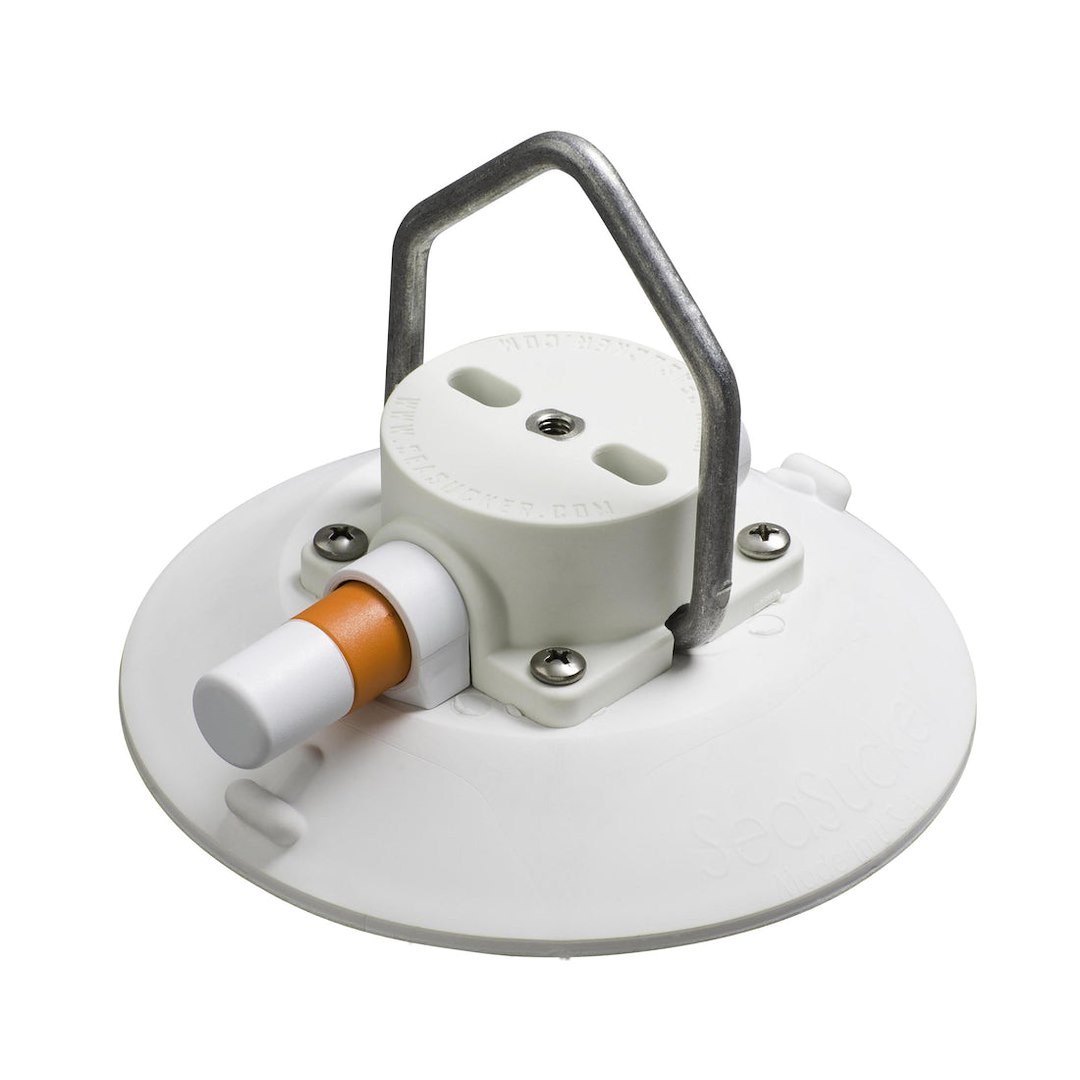 Seasucker Vacuum Mount, Use to Hold Ropes/ Straps, 6 Inch Base Diameter, White, With Pointed Stainless Steel D-Ring – VM1016W