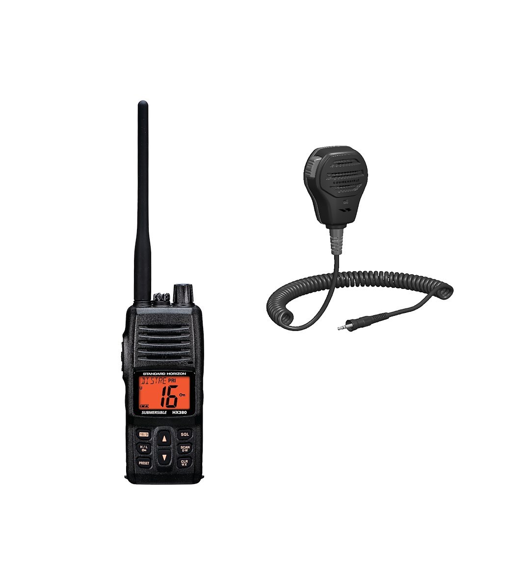 Standard VHF Radio, HX380, Handheld, 5 Watts, Oversized Lcd Display, Black, Commercial Grade, Submersible IPX7 Waterproof Rating – HX380MH73A4B