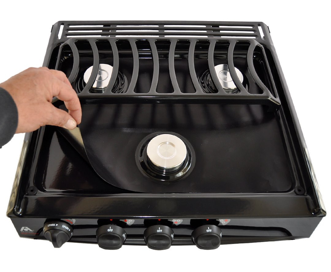 Stove Wrap Stove Top and Oven Protector, For Atwood/ Dometic Triangle 3 Burner Stove, Black, Pre-Cut Teflon Coated Fiberglass Fabric – SWRV300