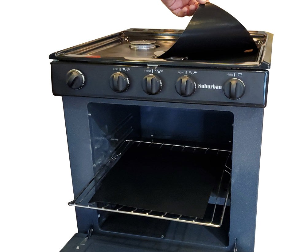 Stove Wrap Stove Top and Oven Protector, For Suburban Triangle 3 Burner Stove, Black, Pre-Cut Teflon Coated Fiberglass Fabric – SWRV400