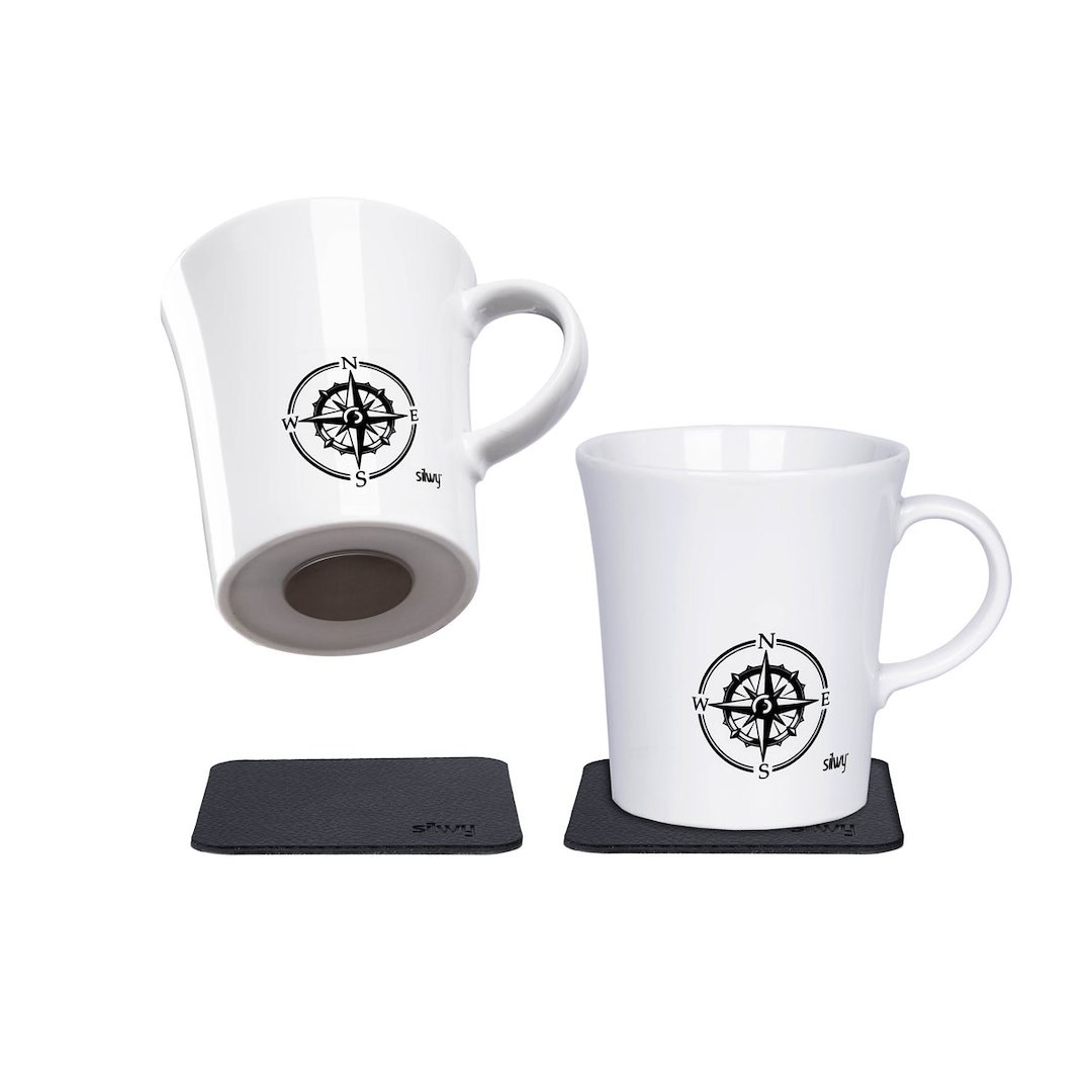 Silwy Magnet Mug, Reiselust, Magnetic Cup, With Handle, 9.1 Ounce Capacity, Compass Logo, White, Porcelain, Set of 2 – S027-1308-2-B-BO