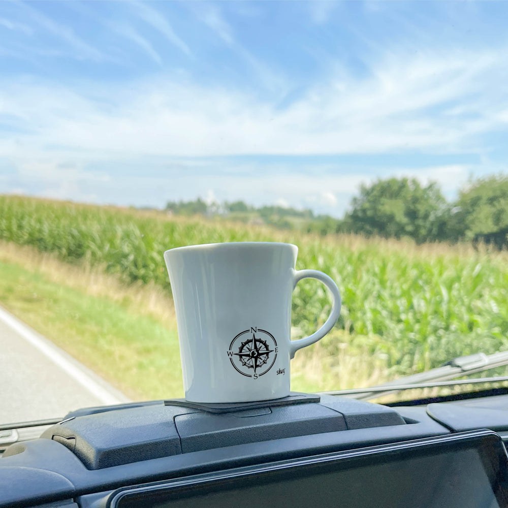 Silwy Magnet Mug, Reiselust, Magnetic Cup, With Handle, 9.1 Ounce Capacity, Compass Logo, White, Porcelain, Set of 2 – S027-1308-2-B-BO