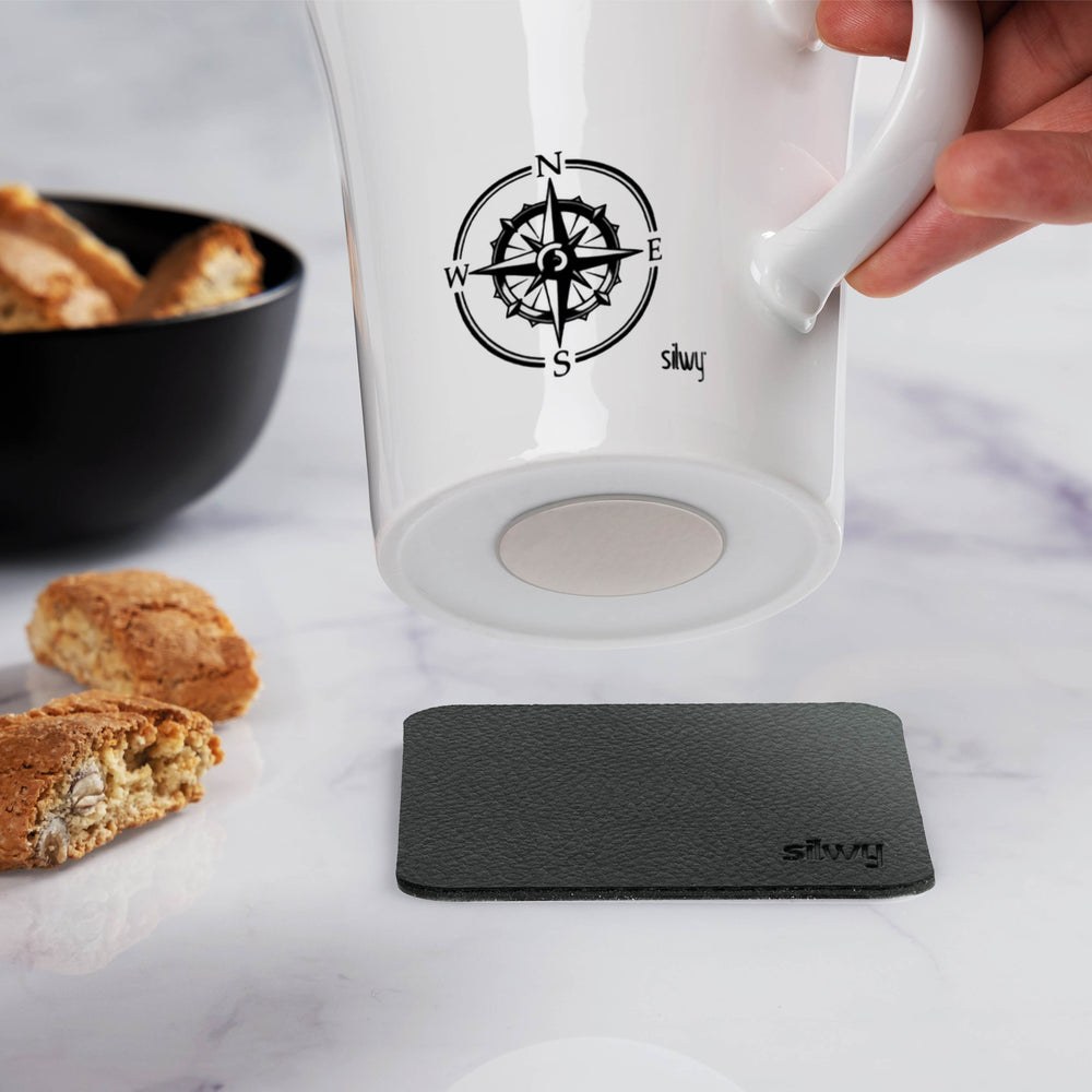 Silwy Magnet Mug, Reiselust, Magnetic Cup, With Handle, 9.1 Ounce Capacity, Compass Logo, White, Porcelain, Set of 2 – S027-1308-2-B-BO