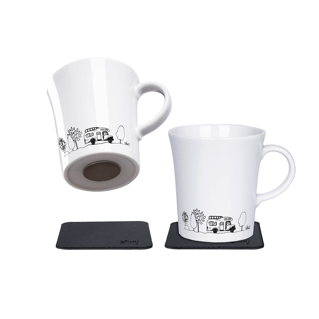 Silwy Magnet Mug, Magnetic Cup, With Handle, 9.1 Ounce Capacity, Camping Logo, White, Porcelain, Set of 2, Integrated Magnet Base – S027-1309-2-B-CA