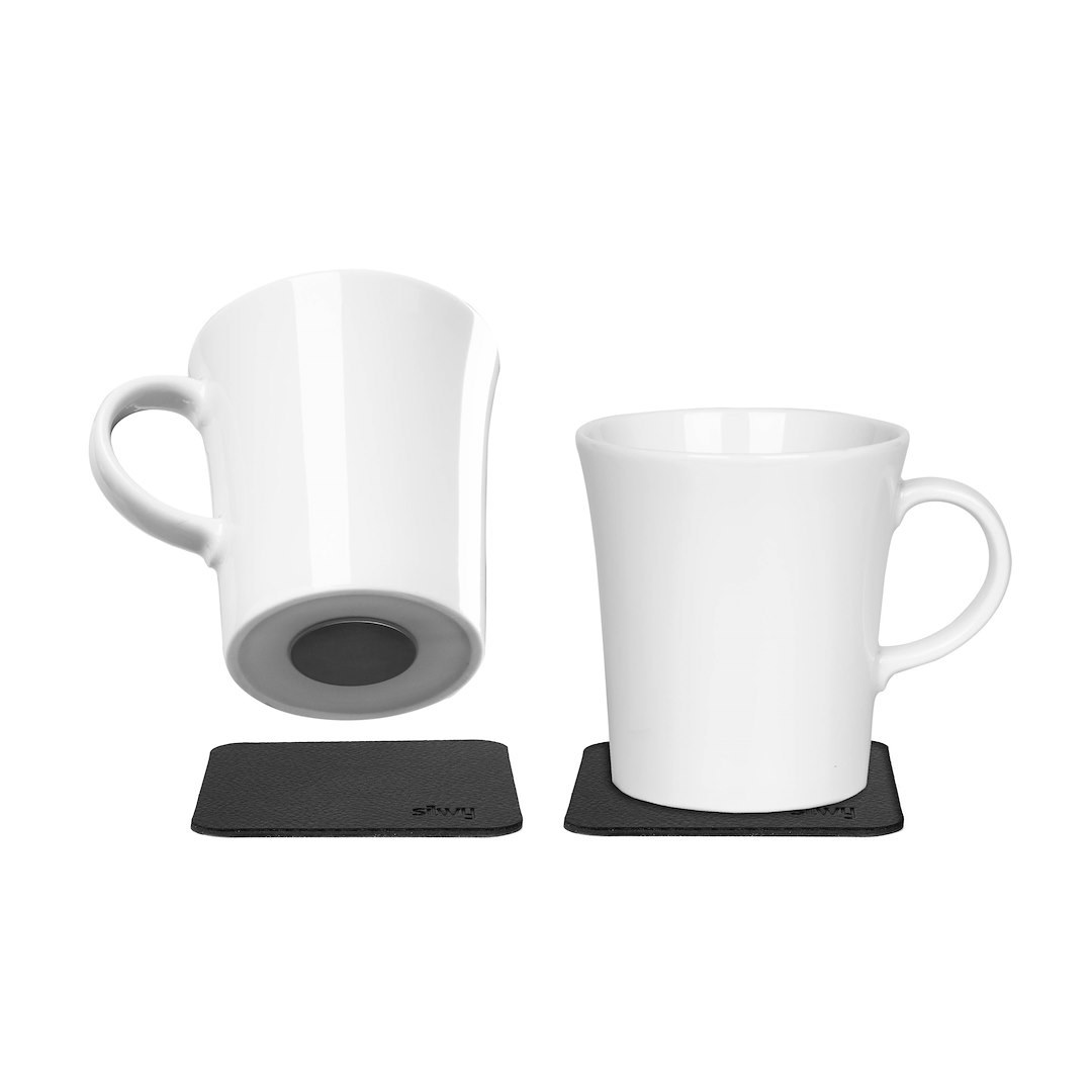 Silwy Magnet Mug, Magnetic Cup, With Handle, 9.1 Ounce Capacity, White, Porcelain, Set of 2, Integrated Magnet Base – S027-1402-2-B
