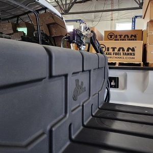 Titan Fuel Liquid Transfer Tank, L-Shape, 48 Inch Length Base X 32-1/2 Inch Width X 26-1/4 Inch Height, 90 Gallon Capacity, Black – 5015090