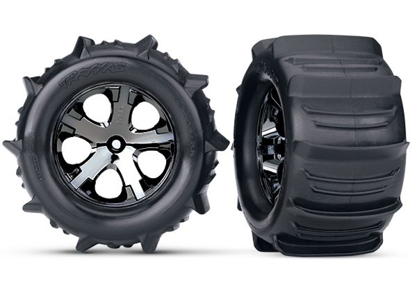 Traxxas Remote Control Vehicle Tire, Stampede ®, Paddle Style for Stampede (rear on Electric), With All-Star Black Chrome Wheel, Set of 2 – 3689