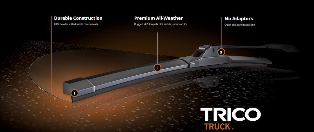 Trico Windshield Wiper Blade, Truck®, 18 Inch Length, Single Blade, With Spoiler, Black, Beam Type, Plastic/Steel Blend Frame – 58-185