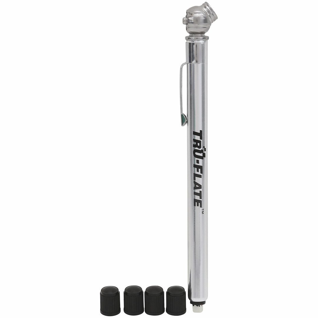 Truflate Tire Pressure Gauge, Stick Style, Analog Display, 10 to 50 PSI, Chrome Plated, With Four Valve Caps, Carded Packaging – 17-509