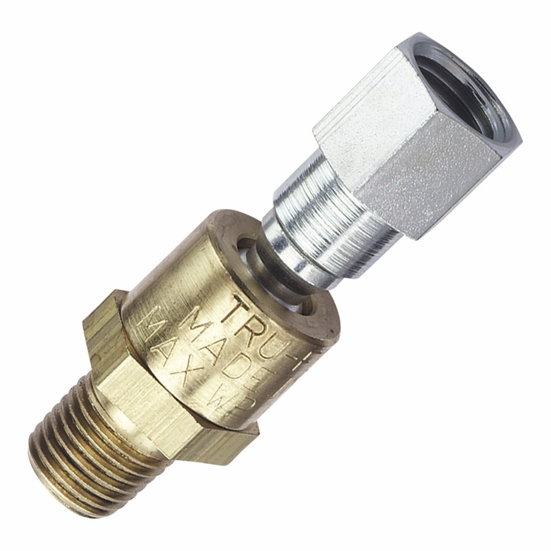 Truflate Adapter Fitting, 1/4 Inch Male NPT X 1/4 Inch Female NPT, 360 Swivel, 150 PSI Maximum Working Pressure, Single, Carded Packaging – 21-605