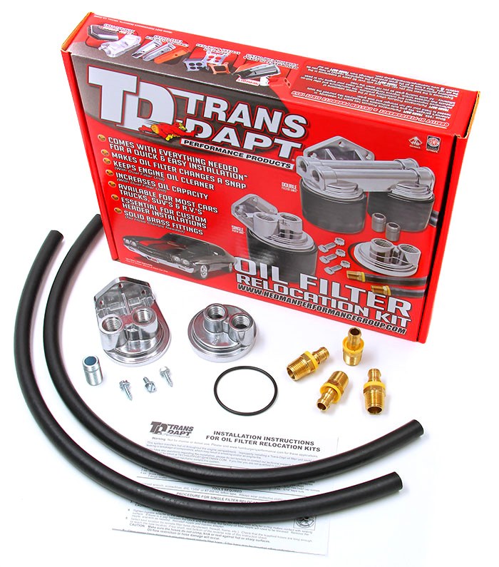 Trans-Dapt Performance Oil Filter Relocation Kit, Single Filter, Bolt on Adapter, 1/2 Inch NPT Inlet/ 1/2 Inch NPT Outlet – 1122