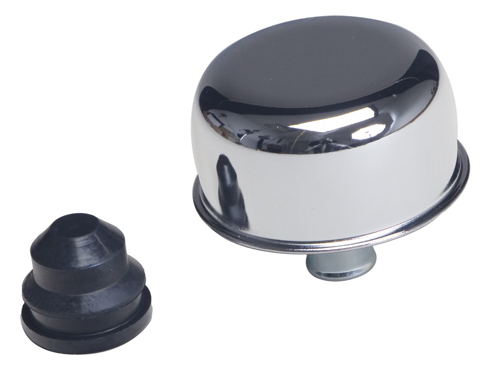 Trans-Dapt Performance Crankcase Breather Cap, Round, 2-3/4 Inch Diameter, Push IN Style, Chrome, With Grommet – 4871