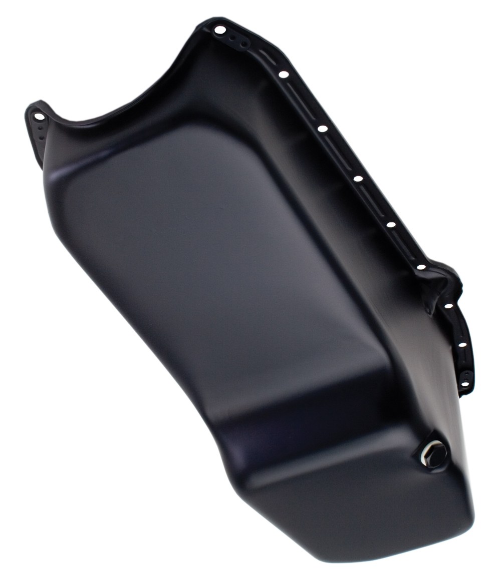 Trans-Dapt Performance Oil Pan, Chevy Small Block, 4 Quarts, Driver Side Dipstick, Powder Coated Asphalt Black, Steel – 8628
