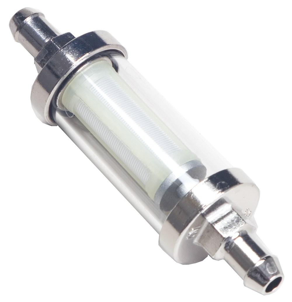 Trans-Dapt Performance Fuel Filter, IN-Line, Gasoline, 3/8 Inch Inlet/ Outlet, Replaceable Element, Chrome Plated, Steel/ Glass – 9245