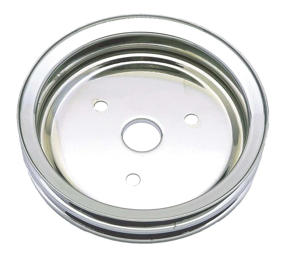 Trans-Dapt Performance Crankshaft Pulley, Small Block Chevy, Double Groove, 7.3 Inch Diameter, Short Water Pump Style, Chrome, Steel – 9603