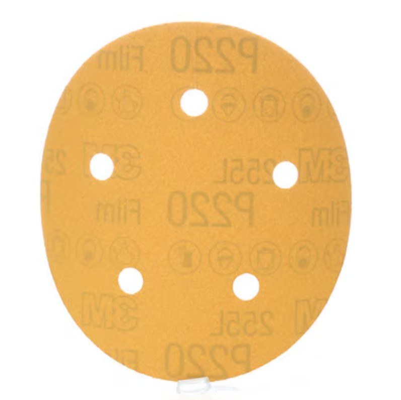3M Sanding Disc, Hookit ™, Used for Sanding and Finishing, Gold, Aluminum Oxide, 5 Inch Diameter, Film Backing, P220 Grit – 01062