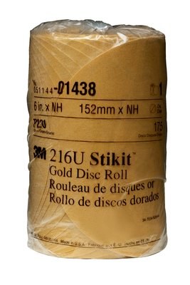 3M Sandpaper, Stikit ™, Used for Clear Coat/ Fiberglass/ Filler/ Metal/ Paint/ Plastic/ Primer/ Putty, A Weight Paper Backing, P220 Grit, Gold – 01438