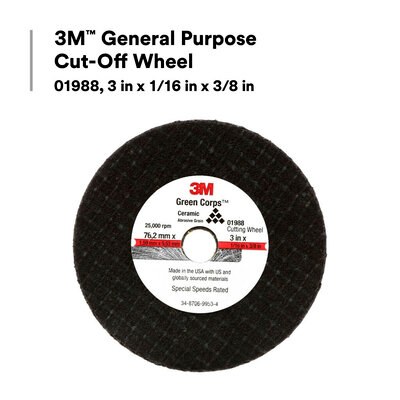 3M Cut Off Wheel, Use to Cut Autobody Sheet Metal/ Frame Rails/ Exhaust Pipes/ Clamps and Rusted Bolts, 3 Inch Diameter, 1/16 Inch Thickness – 01988