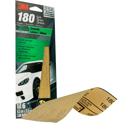3M Sandpaper, Used for Clear Coat/ Fiberglass/ Filler/ Metal/ Paint/ Plastic and Putty, A Weight Paper Backing, P180 Grit, Brown – 03031