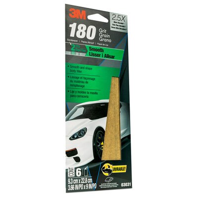 3M Sandpaper, Used for Clear Coat/ Fiberglass/ Filler/ Metal/ Paint/ Plastic and Putty, A Weight Paper Backing, P180 Grit, Brown – 03031