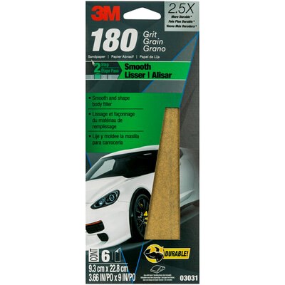 3M Sandpaper, Used for Clear Coat/ Fiberglass/ Filler/ Metal/ Paint/ Plastic and Putty, A Weight Paper Backing, P180 Grit, Brown – 03031