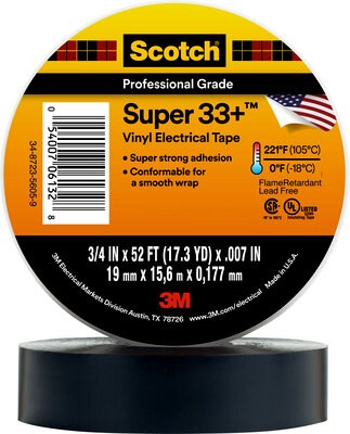 3M Electrical Tape, Scotch ® Super33+ ™, For Creating Waterproof, Roll, 3/4 Inch X 52 Foot, Black – 06133