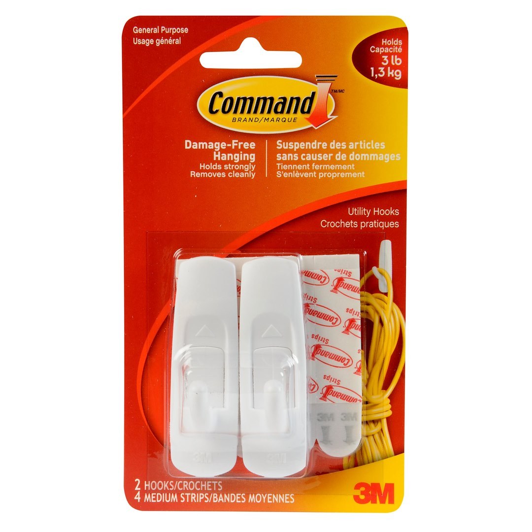 3M Multi Purpose Hook, Command ™, Utility Hook, Medium Size, White, With Two Hook/ Four Strip – 17001ES