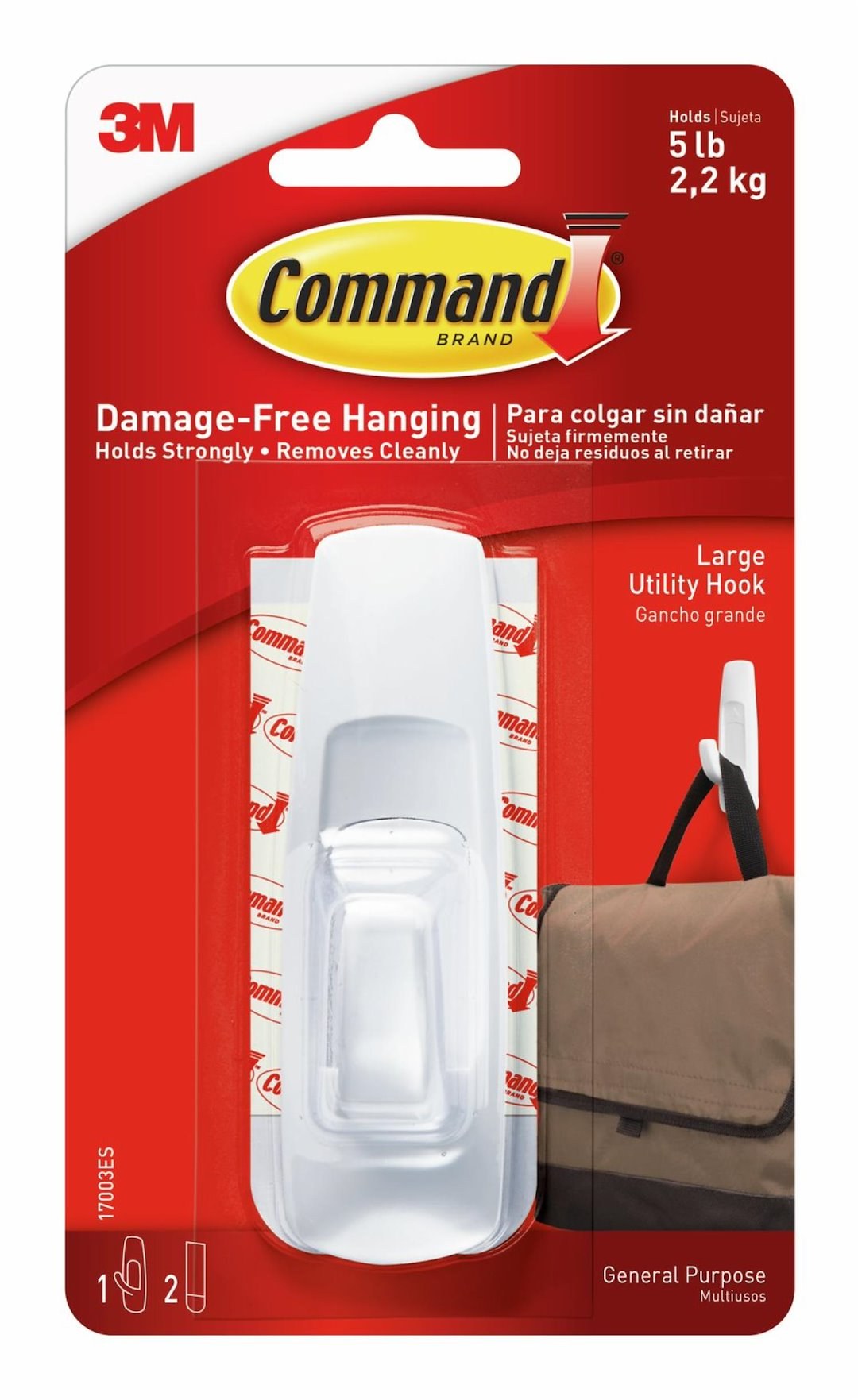 3M Multi Purpose Hook, Command ™, Utility Hook, Large Size, White, With One Hook/ Two Strip – 17003ES