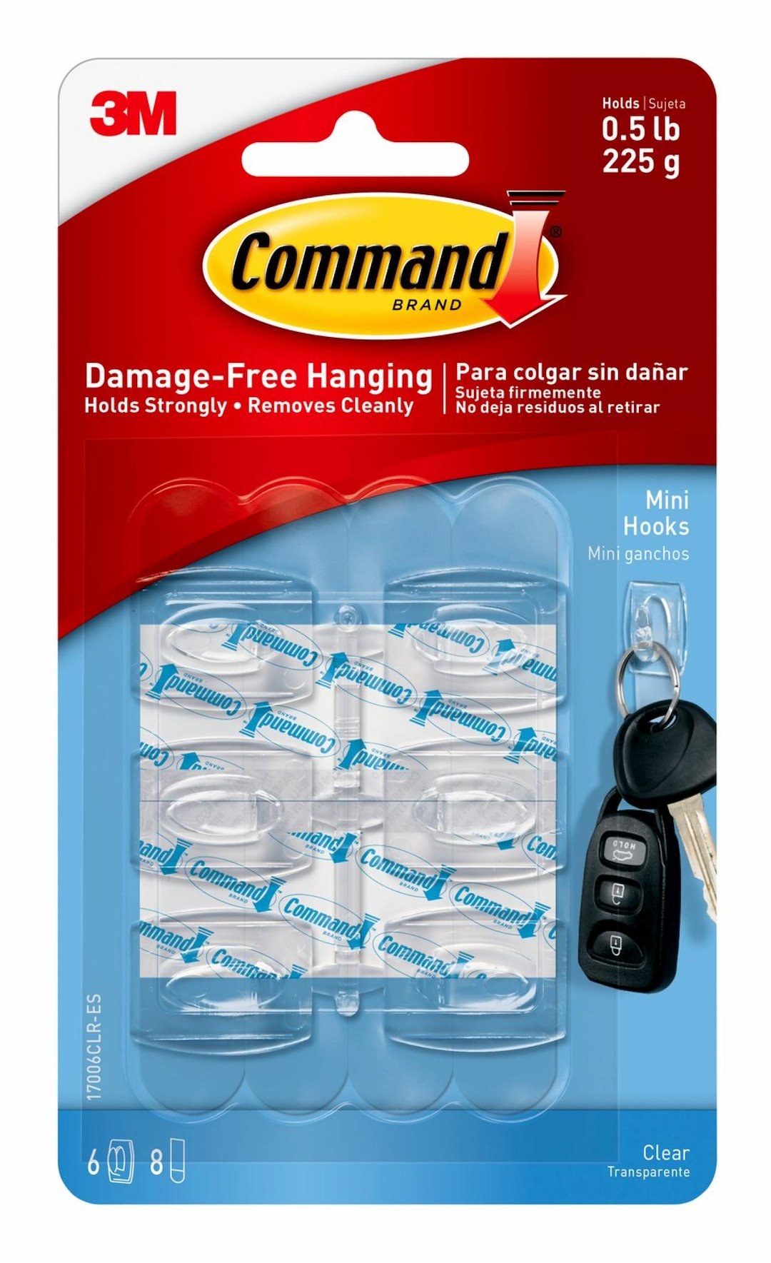 3M Multi Purpose Hook, Command ™, Mini Size, Clear, With Six Hook/ Eight Strip – 17006CLR-ES
