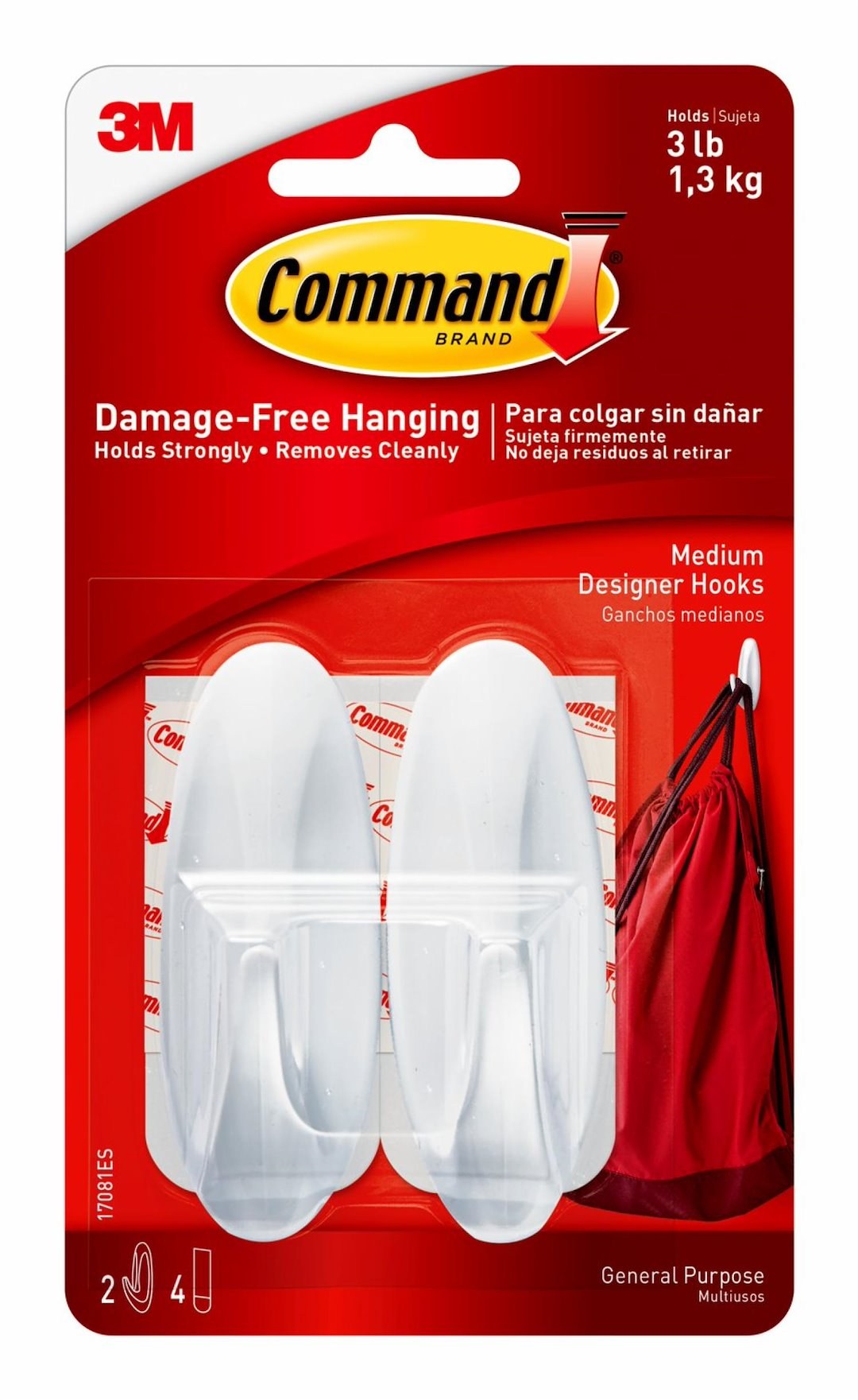 3M Multi Purpose Hook, Command ™, Designer Hook, Medium Size, White, With Two Hook/ Four Strip – 17081ES