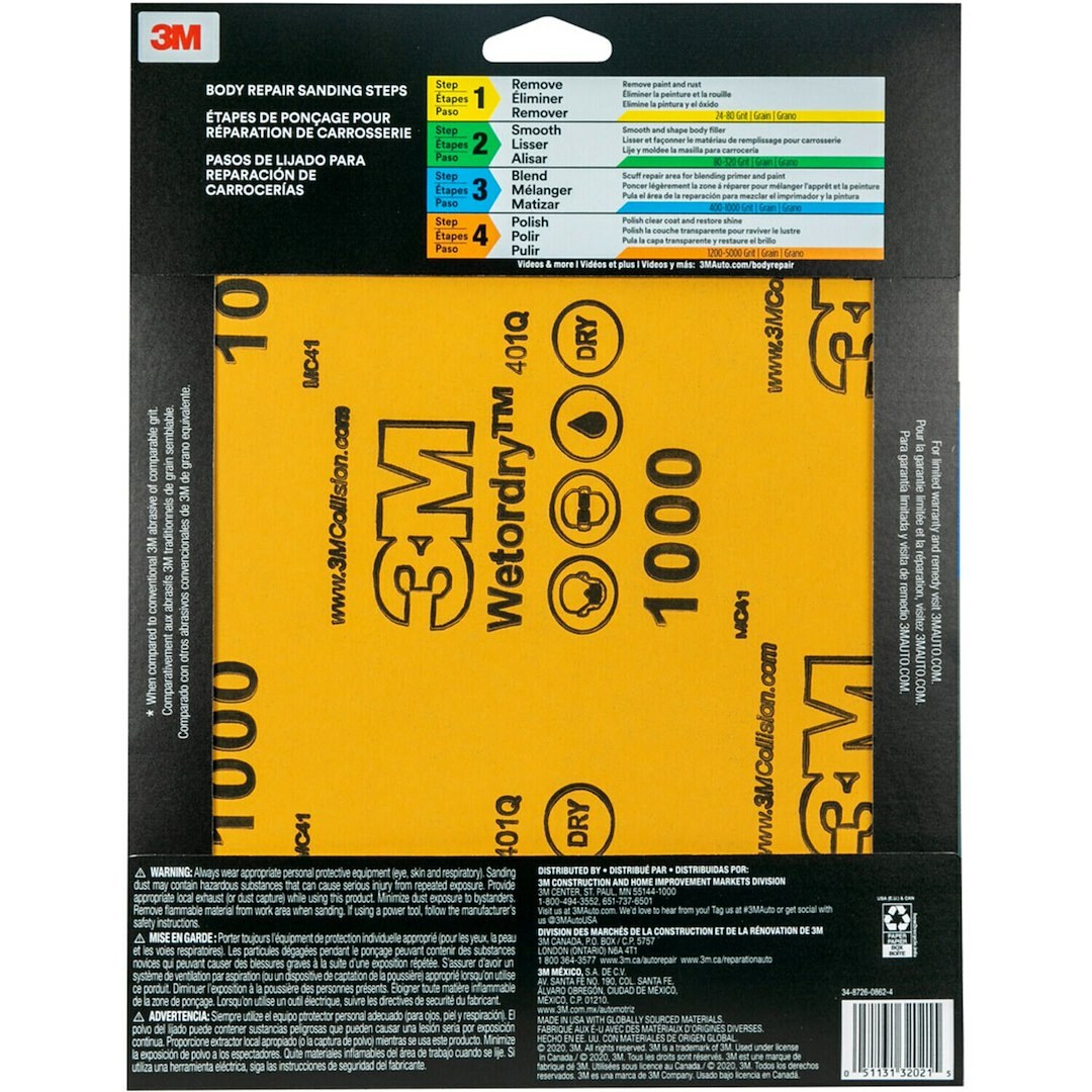 3M Sandpaper, Wetordry ™, Use to Level Orange Peel, A Weight Paper Backing, 1000 Grit, Black, Silicon Carbide, No Attachment – 32021