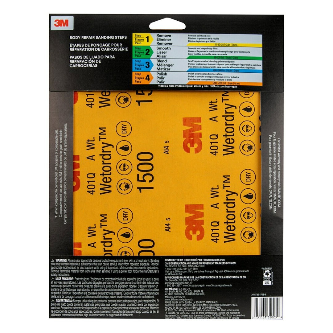 3M Sandpaper, Wetordry ™, Use to Level Minor Dust Nibs, A Weight Paper Backing, 1500 Grit, Black, Silicon Carbide, No Attachment – 32023