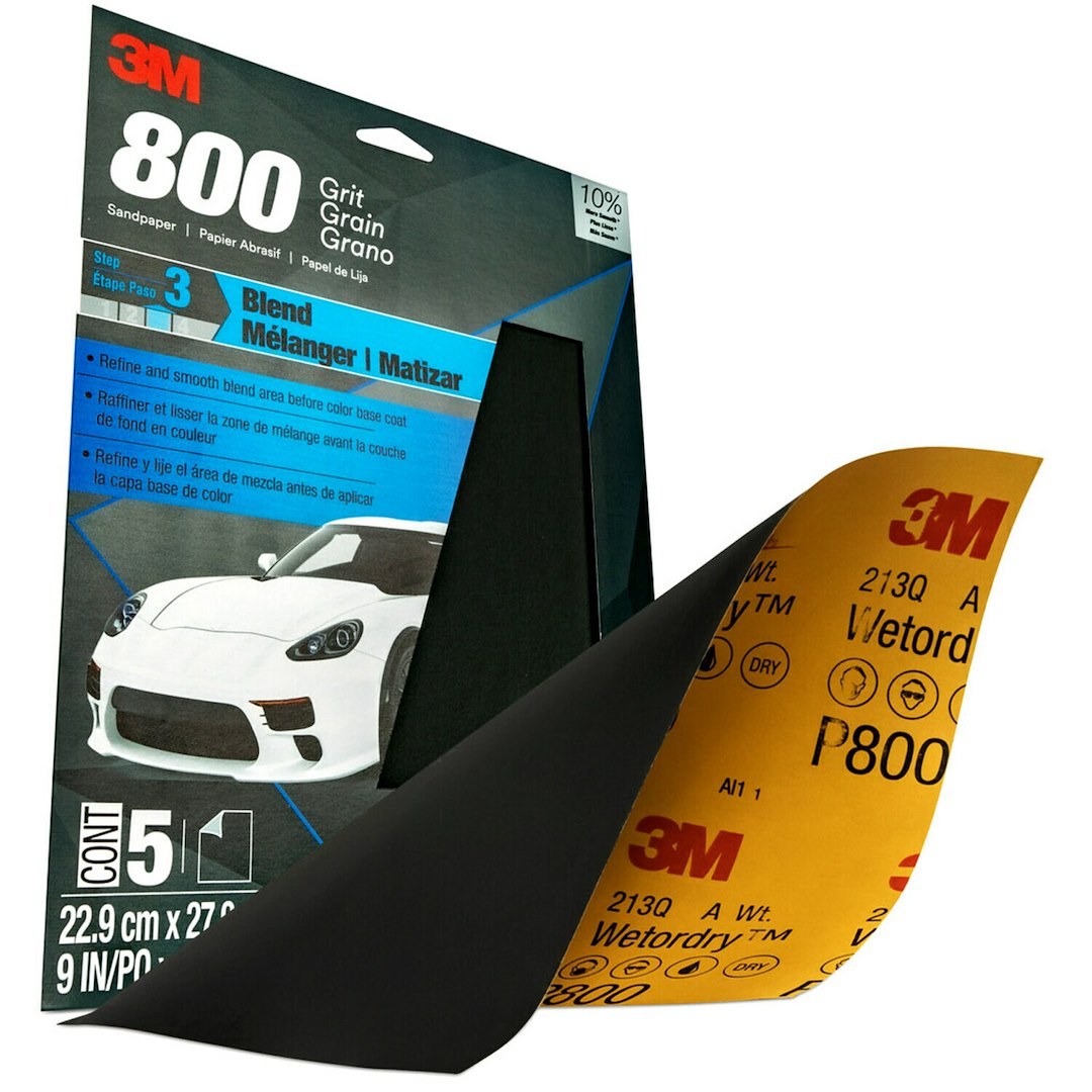 3M Sandpaper, Wetordry ™, Used for Wet Sanding/ Scuffing the Blend Area Prior to Painting, A Weight Paper Backing, P800 Grit, Black – 32035