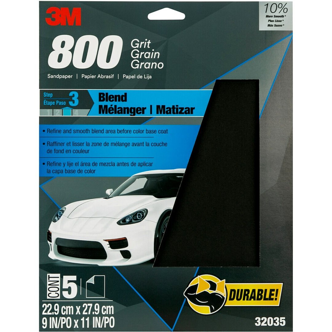 3M Sandpaper, Wetordry ™, Used for Wet Sanding/ Scuffing the Blend Area Prior to Painting, A Weight Paper Backing, P800 Grit, Black – 32035