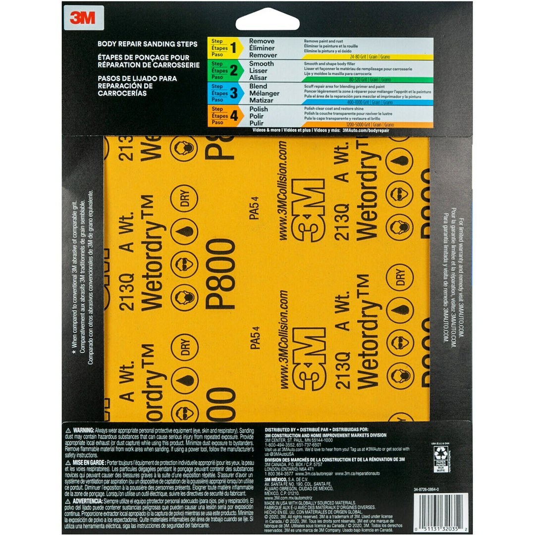 3M Sandpaper, Wetordry ™, Used for Wet Sanding/ Scuffing the Blend Area Prior to Painting, A Weight Paper Backing, P800 Grit, Black – 32035