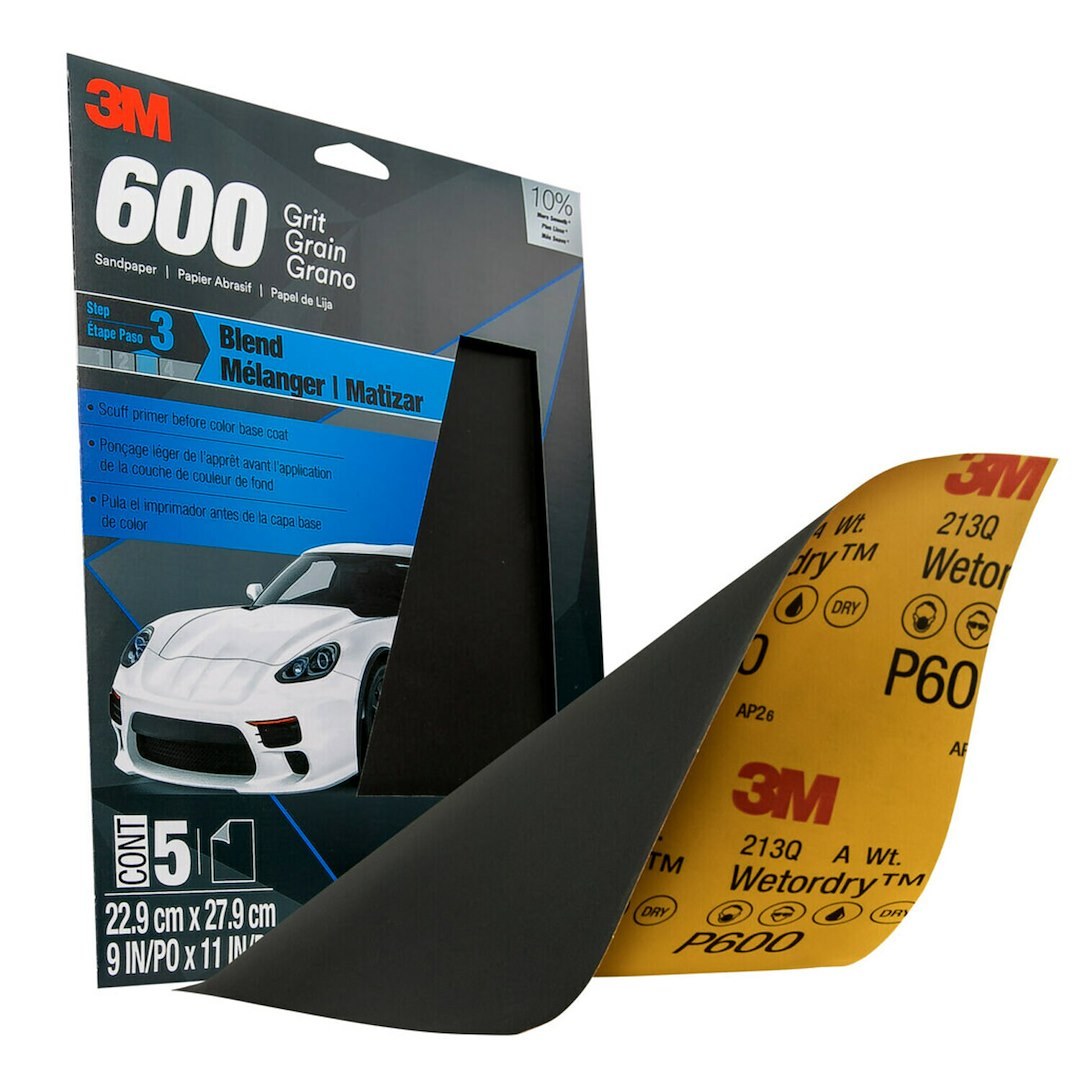 3M Sandpaper, Wetordry ™, Used for Wet Sanding/ Scuffing the Blend Area Prior to Painting, A Weight Paper Backing, P600 Grit, Black – 32036