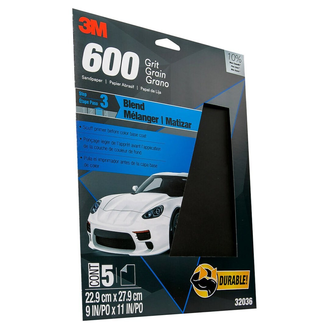 3M Sandpaper, Wetordry ™, Used for Wet Sanding/ Scuffing the Blend Area Prior to Painting, A Weight Paper Backing, P600 Grit, Black – 32036