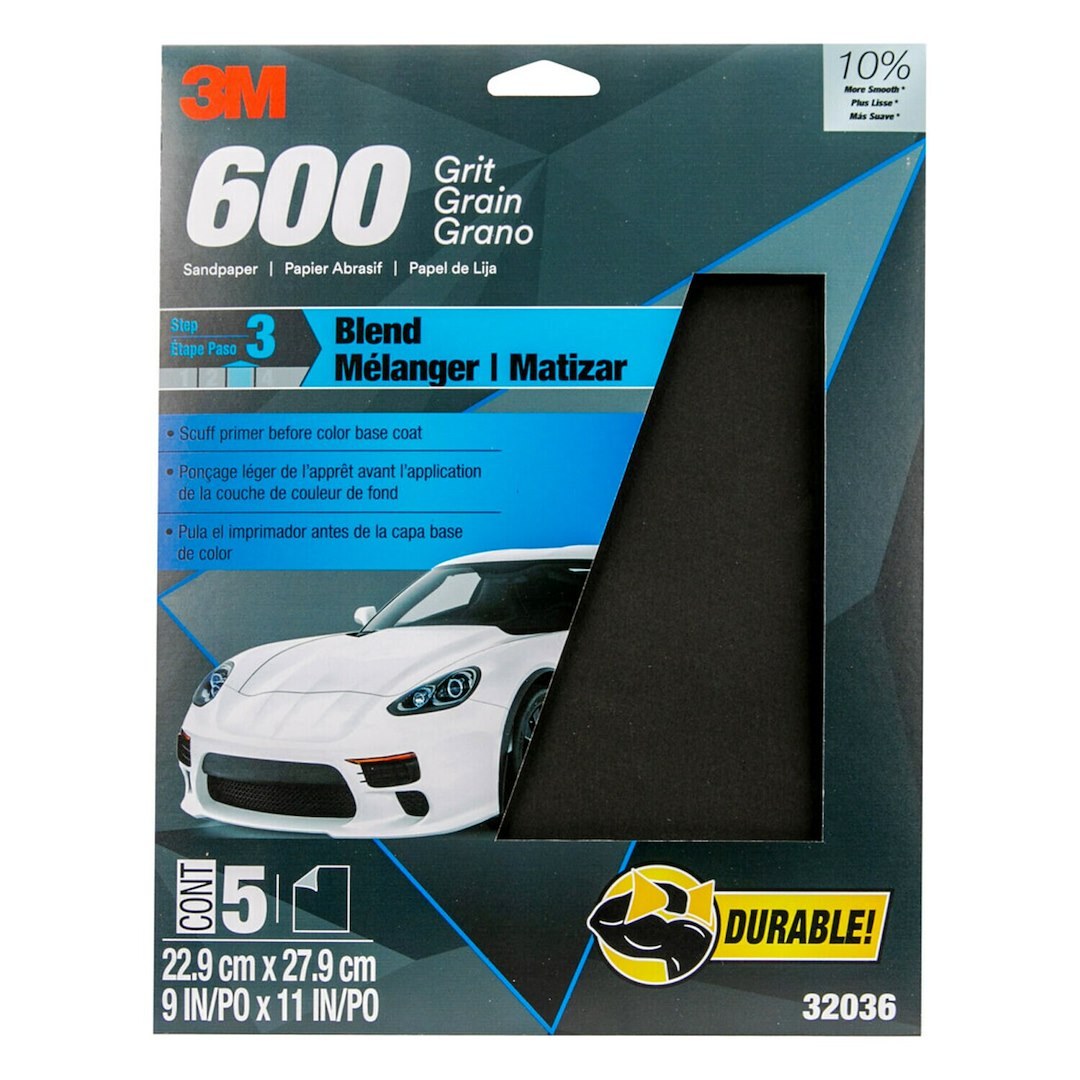 3M Sandpaper, Wetordry ™, Used for Wet Sanding/ Scuffing the Blend Area Prior to Painting, A Weight Paper Backing, P600 Grit, Black – 32036
