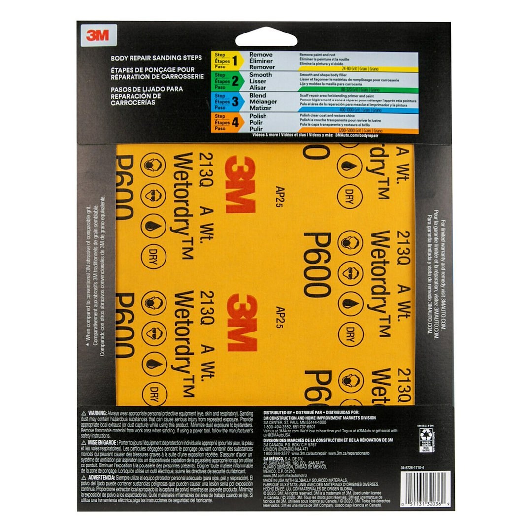 3M Sandpaper, Wetordry ™, Used for Wet Sanding/ Scuffing the Blend Area Prior to Painting, A Weight Paper Backing, P600 Grit, Black – 32036