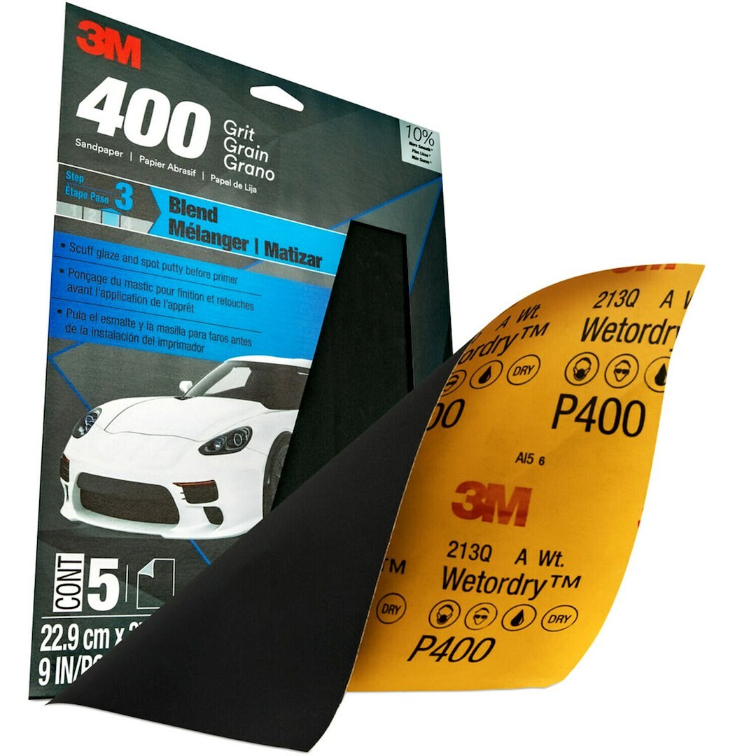 3M Sandpaper, Wetordry ™, Used for Wet Sanding/ Scuffing the Blend Area Prior to Painting, A Weight Paper Backing, P400 Grit, Black – 32038